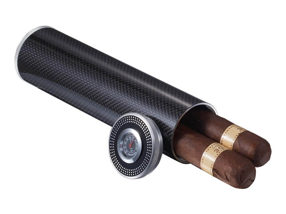 2-Cigar Carbon Fiber Travel Humidor, open with cigars