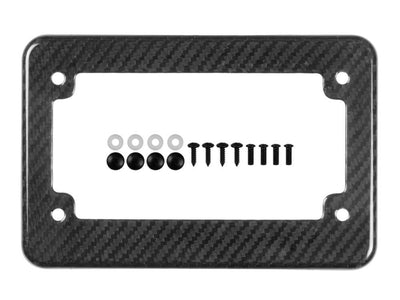 Real carbon fiber motorcycle license plate frame, glossy, twill weave, 4 holes, with black mounting hardware