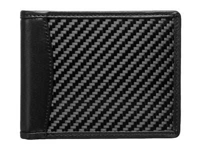 Carbon fiber and leather bi-fold wallet front