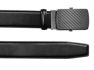 Carbon Touch Black Leather Belt with Carbon Fiber Buckle - Rounded, up close on both ends