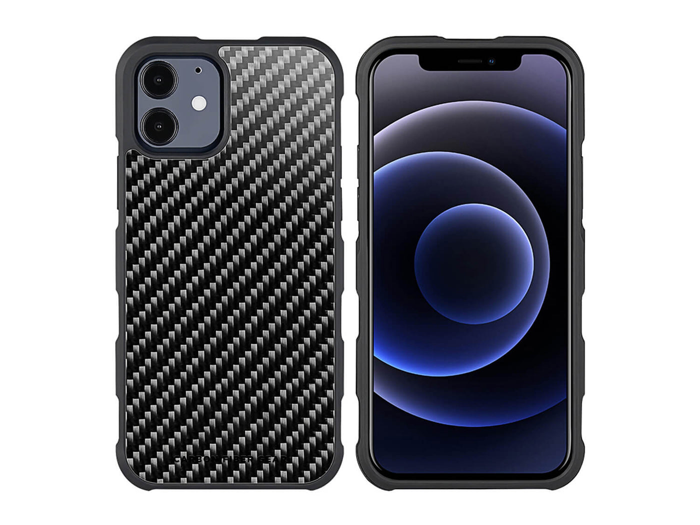 CarboFend real carbon fiber iPhone 12 case, front/back with phone