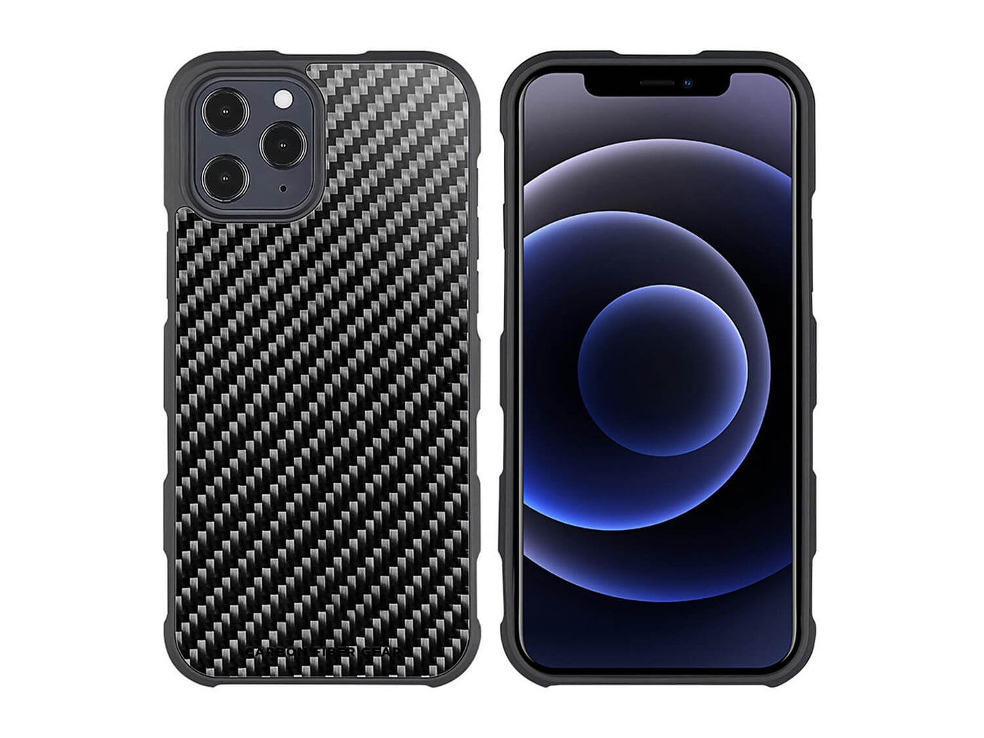 CarboFend real carbon fiber iPhone 12 Pro Max case, front/back with phone