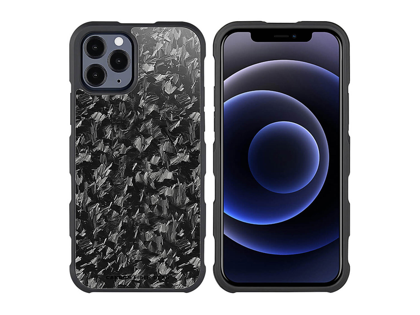 CarboFend forged carbon fiber iPhone 12 Pro case, front/back with phone