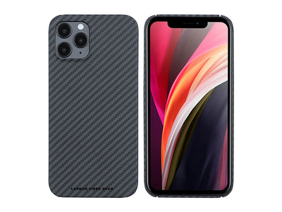 CarboKev Aramid fiber iPhone 12 Pro case, front/back with phone