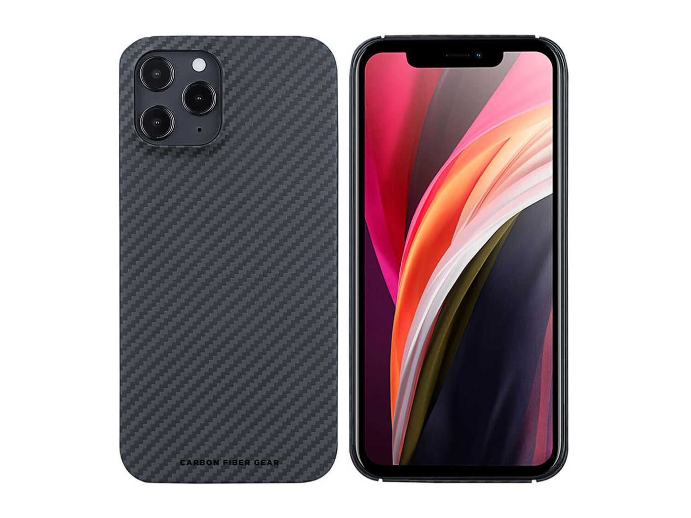 CarboKev Aramid fiber iPhone 12 Pro Max case, front/back with phone