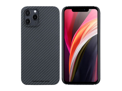 CarboKev Aramid fiber iPhone 12 Pro Max case, front/back with phone