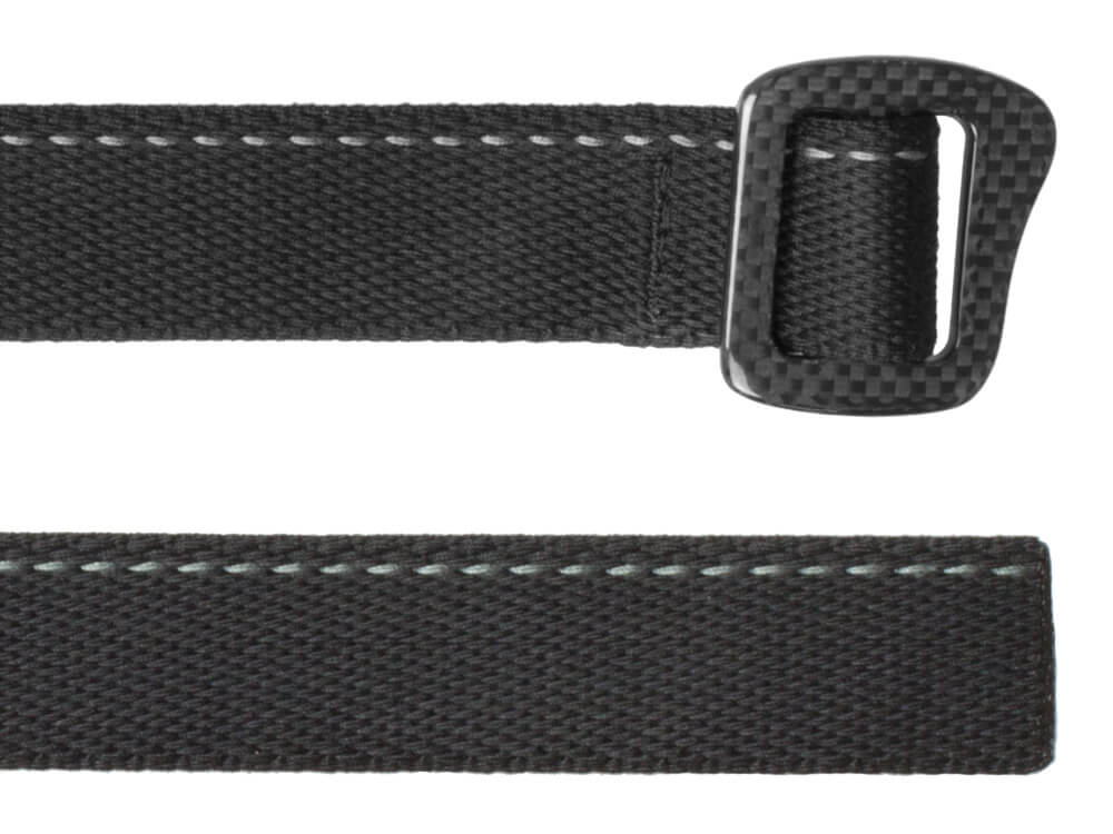 Bison Designs Carbonator Carbon Fiber Webbing Belt up close on both ends