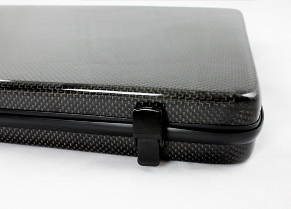 Carbon fiber laptop case hardware  up close