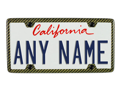 Yellow carbon fiber / aramid license plate frame with 4 holes and gloss finish