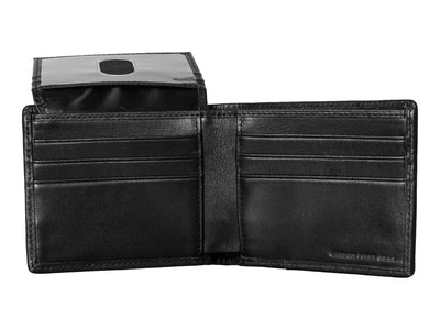 Carbon fiber and leather bi-fold wallet inside