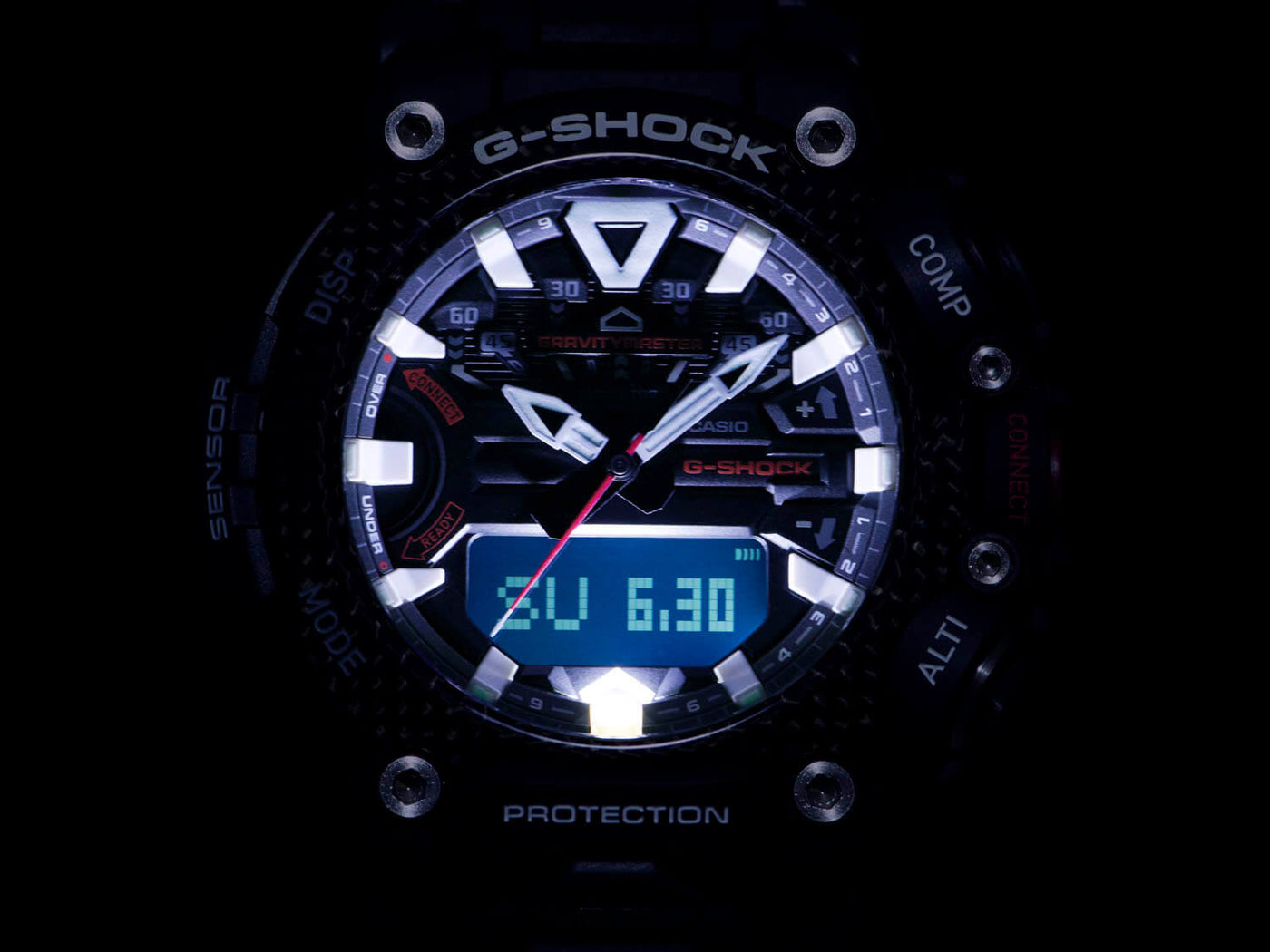 G-SHOCK Gravitymaster GRB200 Carbon Fiber Watch lit up at night