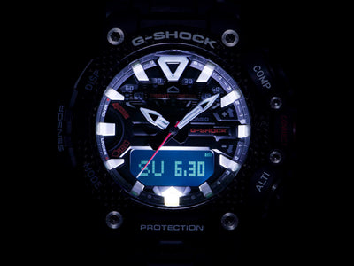 G-SHOCK Gravitymaster GRB200 Carbon Fiber Watch lit up at night