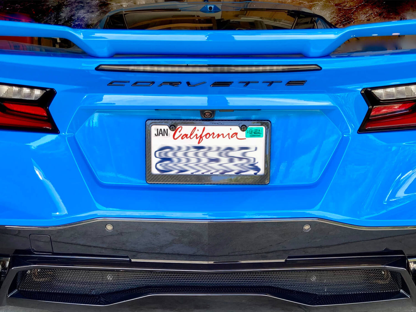Carbon Fiber License Plate Frame - 2 Holes Wide Bottom - On 2021 Corvette