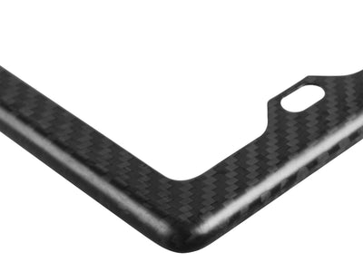Up close on matte finish carbon fiber license plate frame