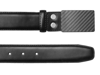 Carbon Touch Black Leather Belt with Carbon Fiber Buckle - Rectangular - both ends