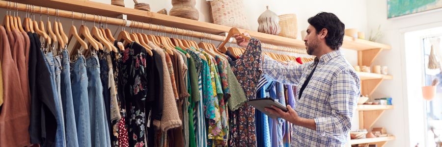 Image of a boutique business owner prepping clothing for their online boutique clothing store business.