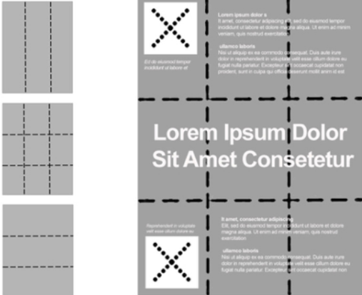  Various rule of three layouts that include a completed wireframe with a headline, copy, and images laid out within the three block grid pattern.